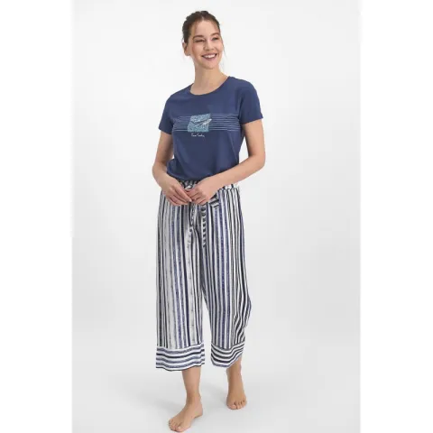 Pijama dama, bluza cu maneca scurta, imprimeu Marine si pantaloni 3/4 cu elastic in talie hover