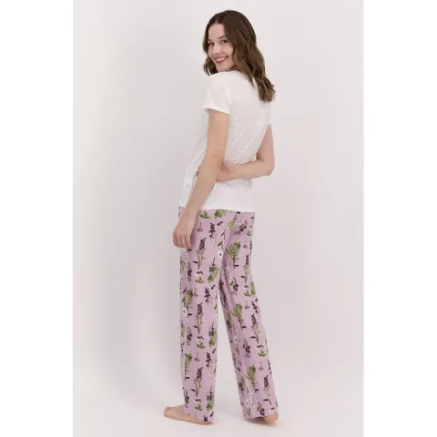Pijama damă,  bluză cu mânecă scurtă și decoltev V, pantaloni lungi, imprimeu floral hover