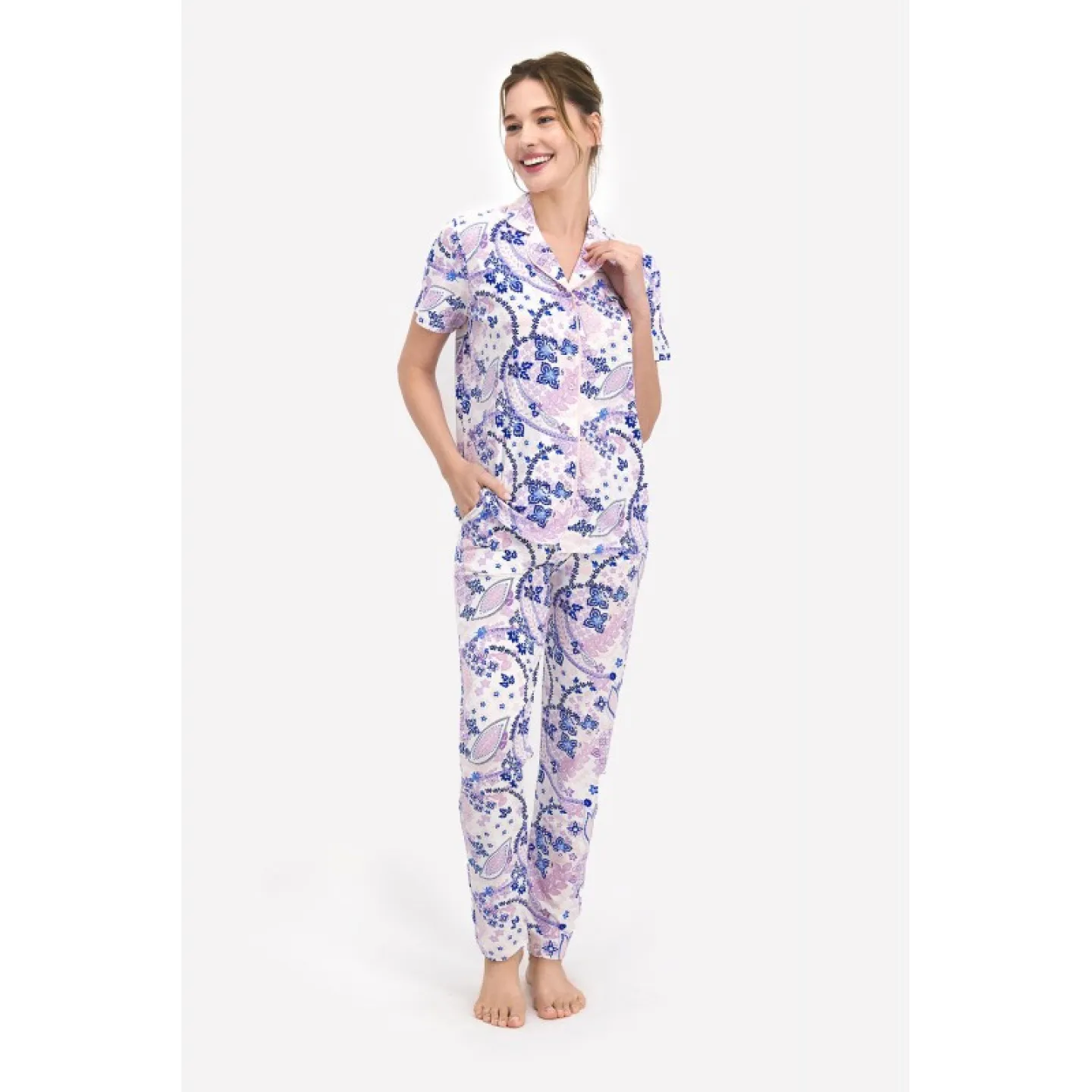 Pijama Dama – Bluza cu Nasturi și Pantaloni Lungi, Imprimeu Floricele - 1