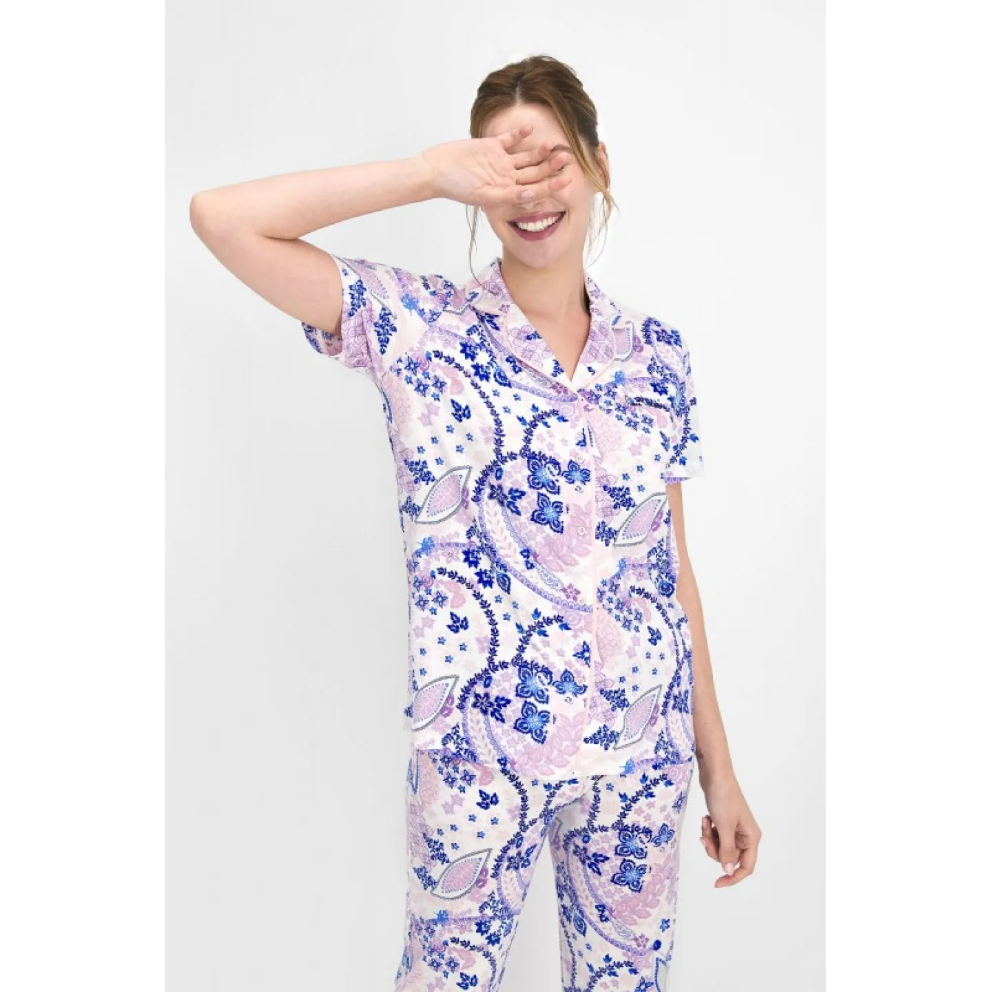 Pijama Dama – Bluza cu Nasturi și Pantaloni Lungi, Imprimeu Floricele - 2