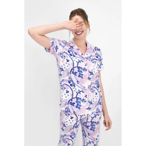 Pijama Dama – Bluza cu Nasturi și Pantaloni Lungi, Imprimeu Floricele hover