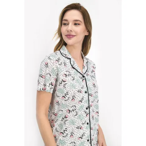 Pijama dama bumbac, bluza cu nasturi, maneca scurta si pantaloni lungi, imprimeu cu flori hover