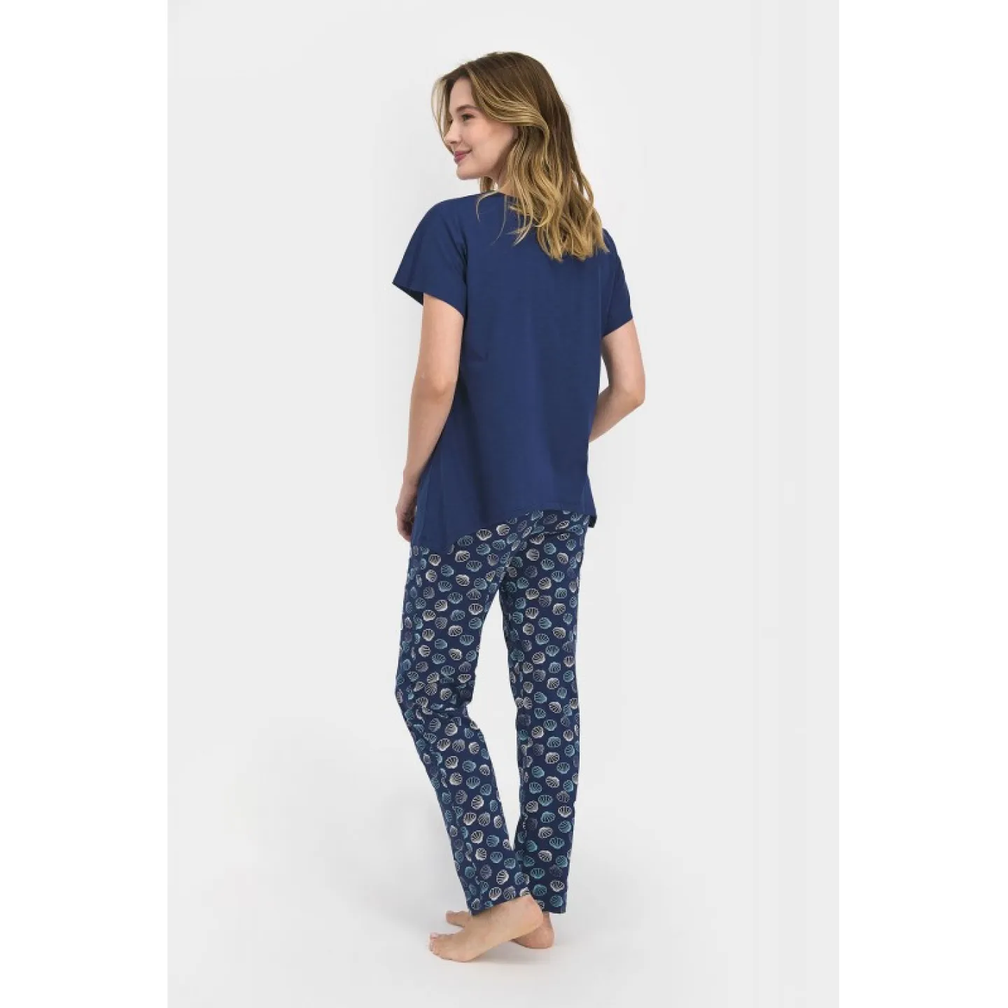 Pijama dama bumbac, bluza maneca scurta cu imprimeu scoici si pantaloni lungi, dark indigo - 2