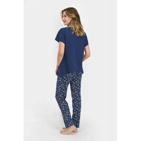 Pijama dama bumbac, bluza maneca scurta cu imprimeu scoici si pantaloni lungi, dark indigo hover
