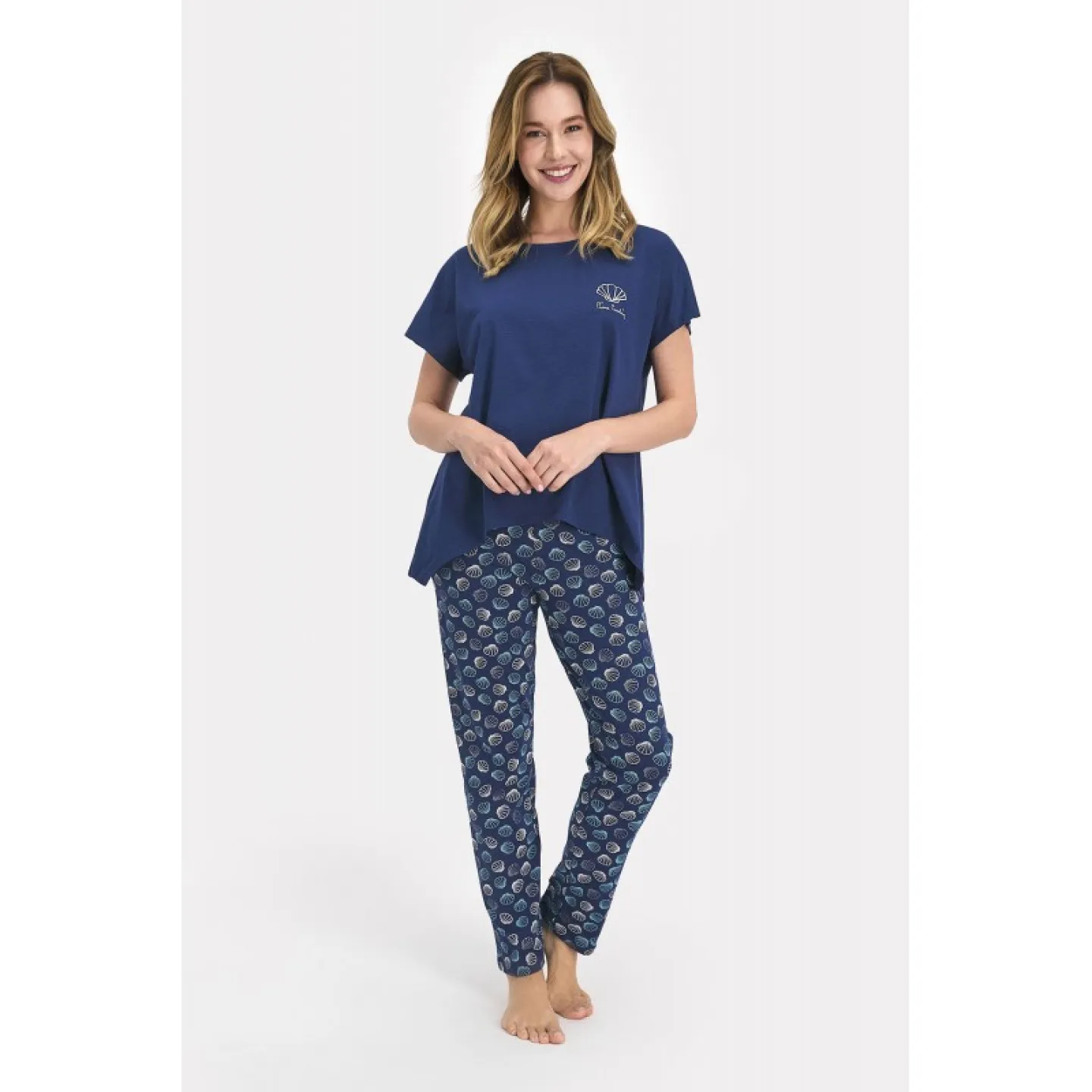 Pijama dama bumbac, bluza maneca scurta cu imprimeu scoici si pantaloni lungi, dark indigo - 1