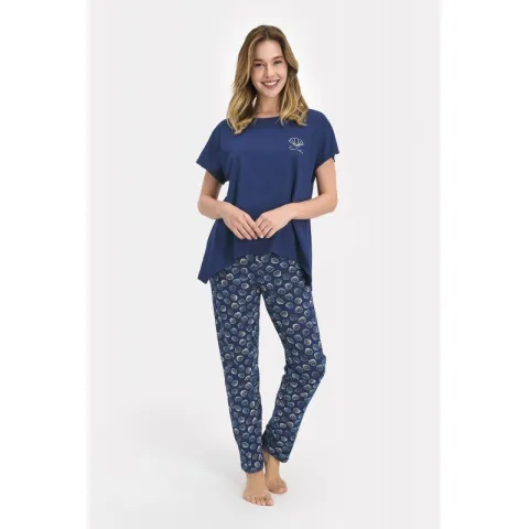 Pijama dama bumbac, bluza maneca scurta cu imprimeu scoici si pantaloni lungi, dark indigo