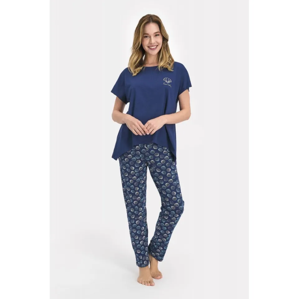Pijama dama bumbac, bluza maneca scurta cu imprimeu scoici si pantaloni lungi, dark indigo