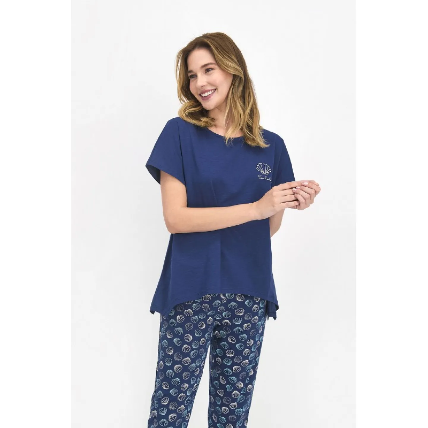 Pijama dama bumbac, bluza maneca scurta cu imprimeu scoici si pantaloni lungi, dark indigo - 3
