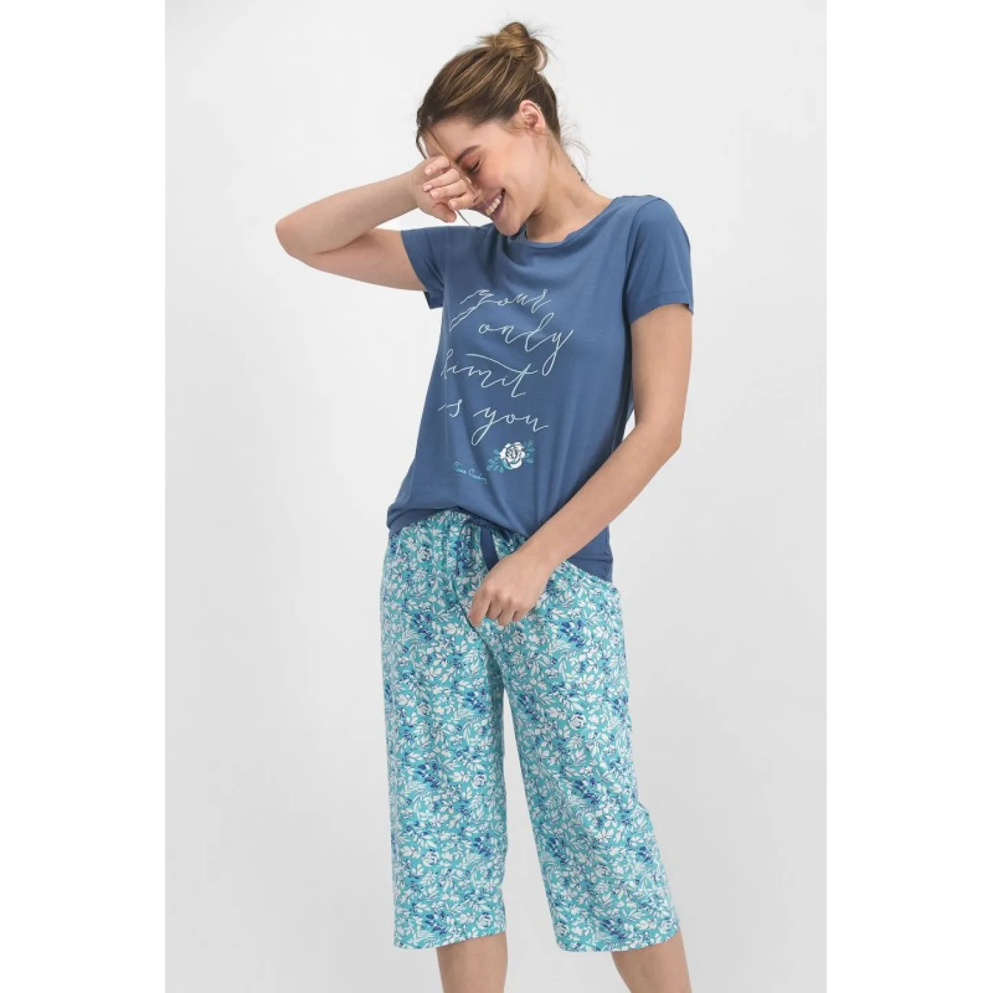 Pijama Dama Bumbac–  manecă scurtă si imprimeu Your Only Limit Is You, Pantaloni 3/4, blue - 2