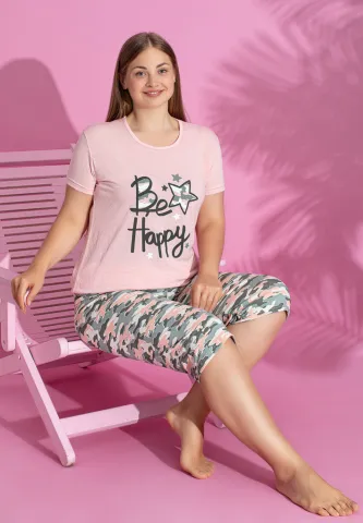 Pijama damă bumbac mărime mare – Set 2 piese: tricou + pantaloni 3/4 imprimeu BE HAPPY hover