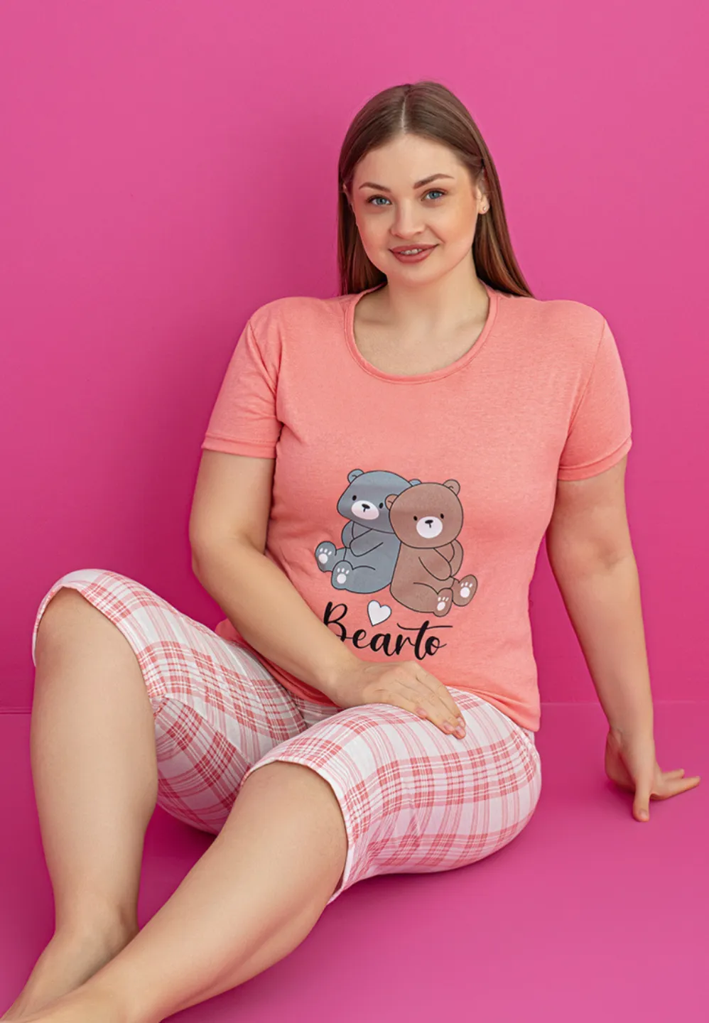 Pijama damă bumbac mărime mare – Set 2 piese: tricou + pantaloni 3/4 imprimeu bearto - 2