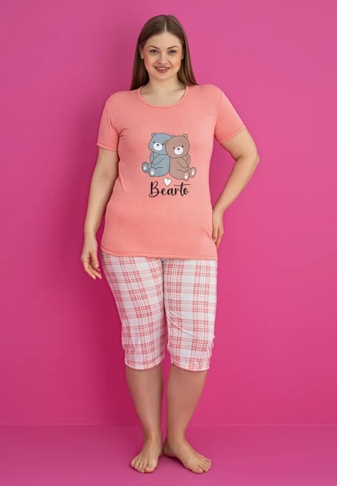 Pijama damă bumbac mărime mare – Set 2 piese: tricou + pantaloni 3/4 imprimeu bearto