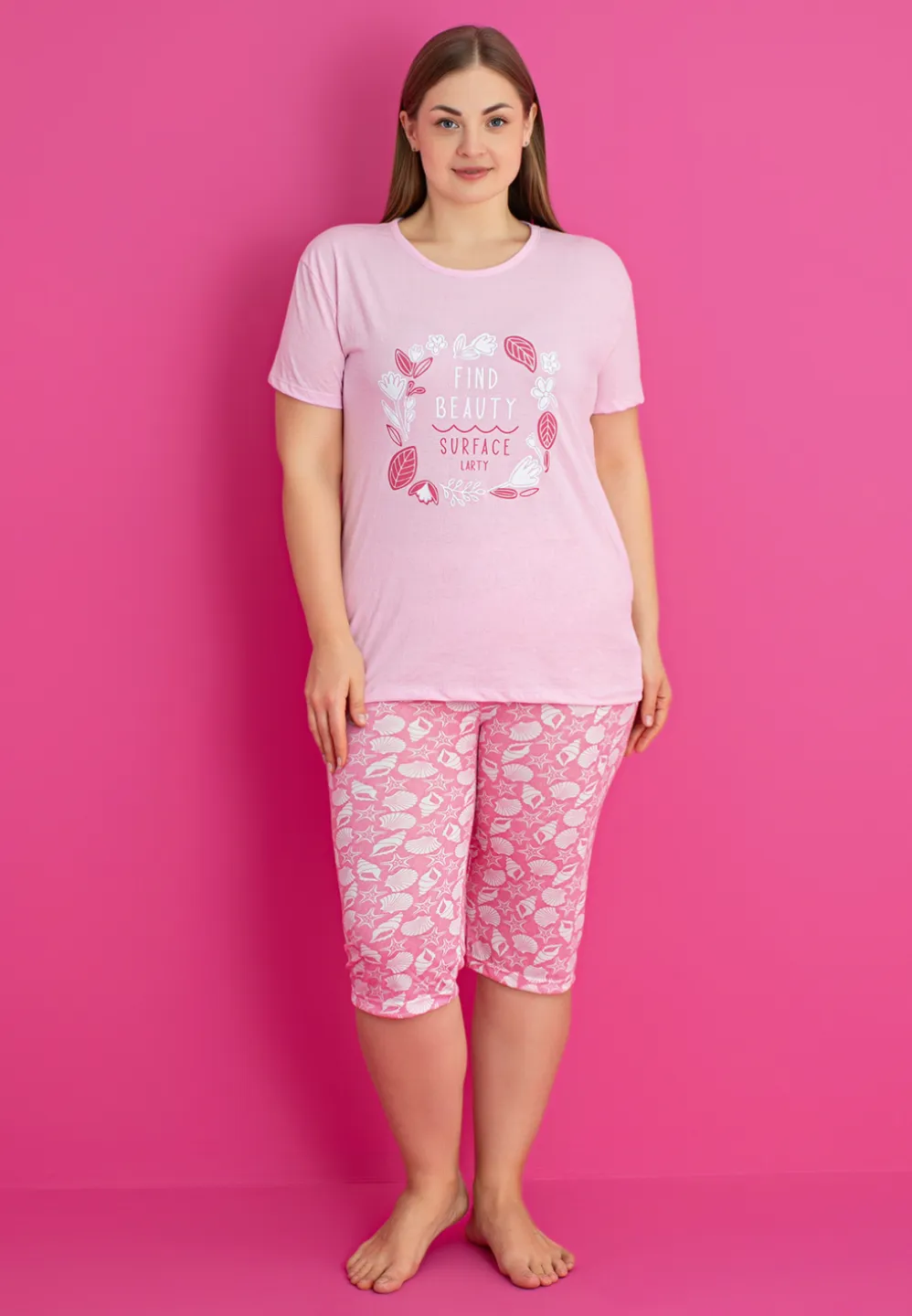 Pijama damă bumbac mărime mare – Set 2 piese: tricou + pantaloni 3/4 imprimeu find beauty - 3