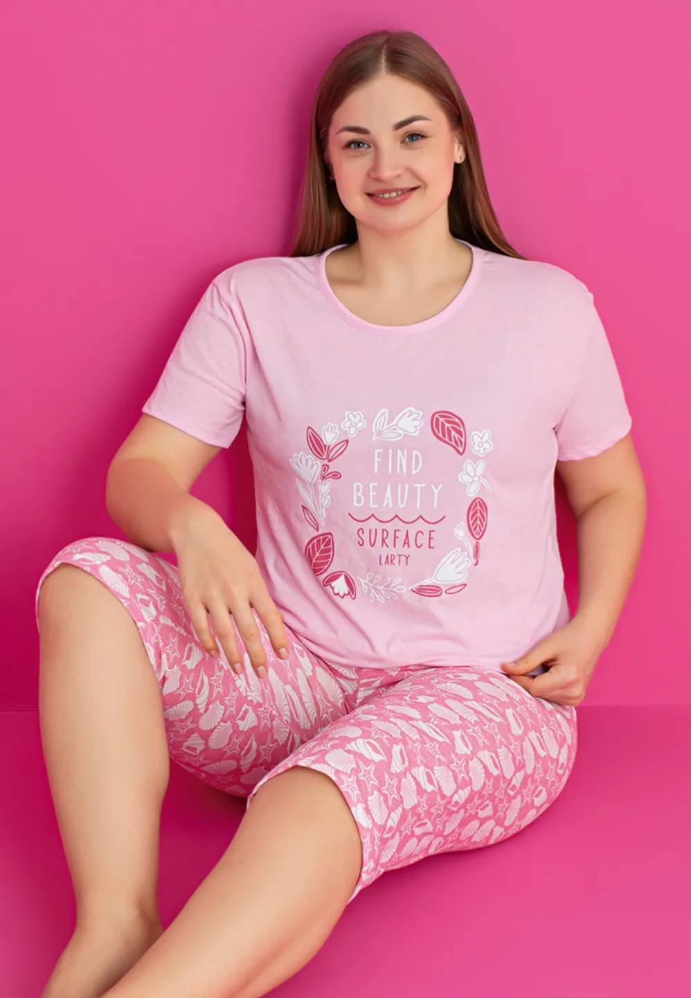 Pijama damă bumbac mărime mare – Set 2 piese: tricou + pantaloni 3/4 imprimeu find beauty - 1