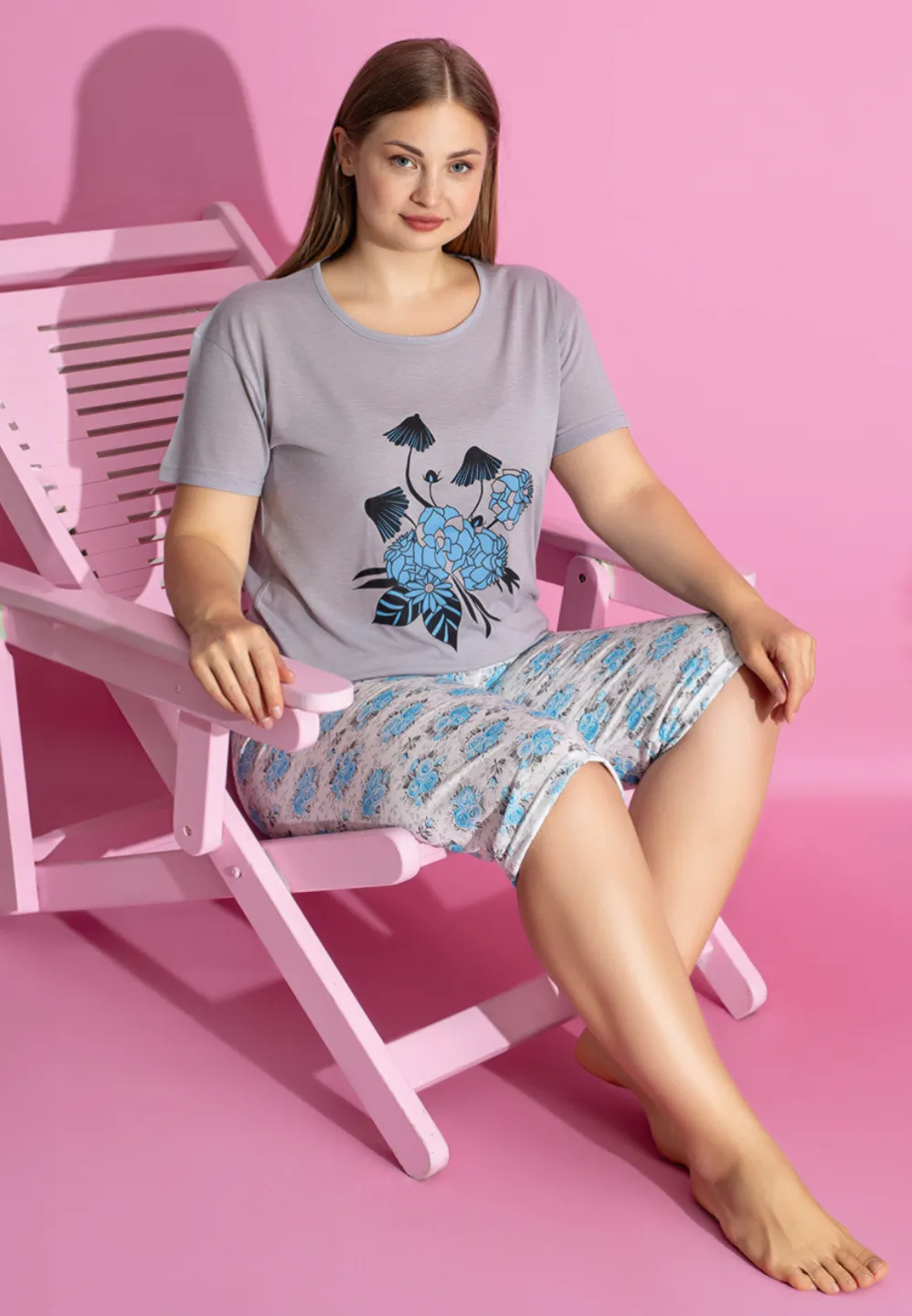 Pijama damă bumbac mărime mare – Set 2 piese: tricou + pantaloni 3/4 imprimeu FLORI - 2