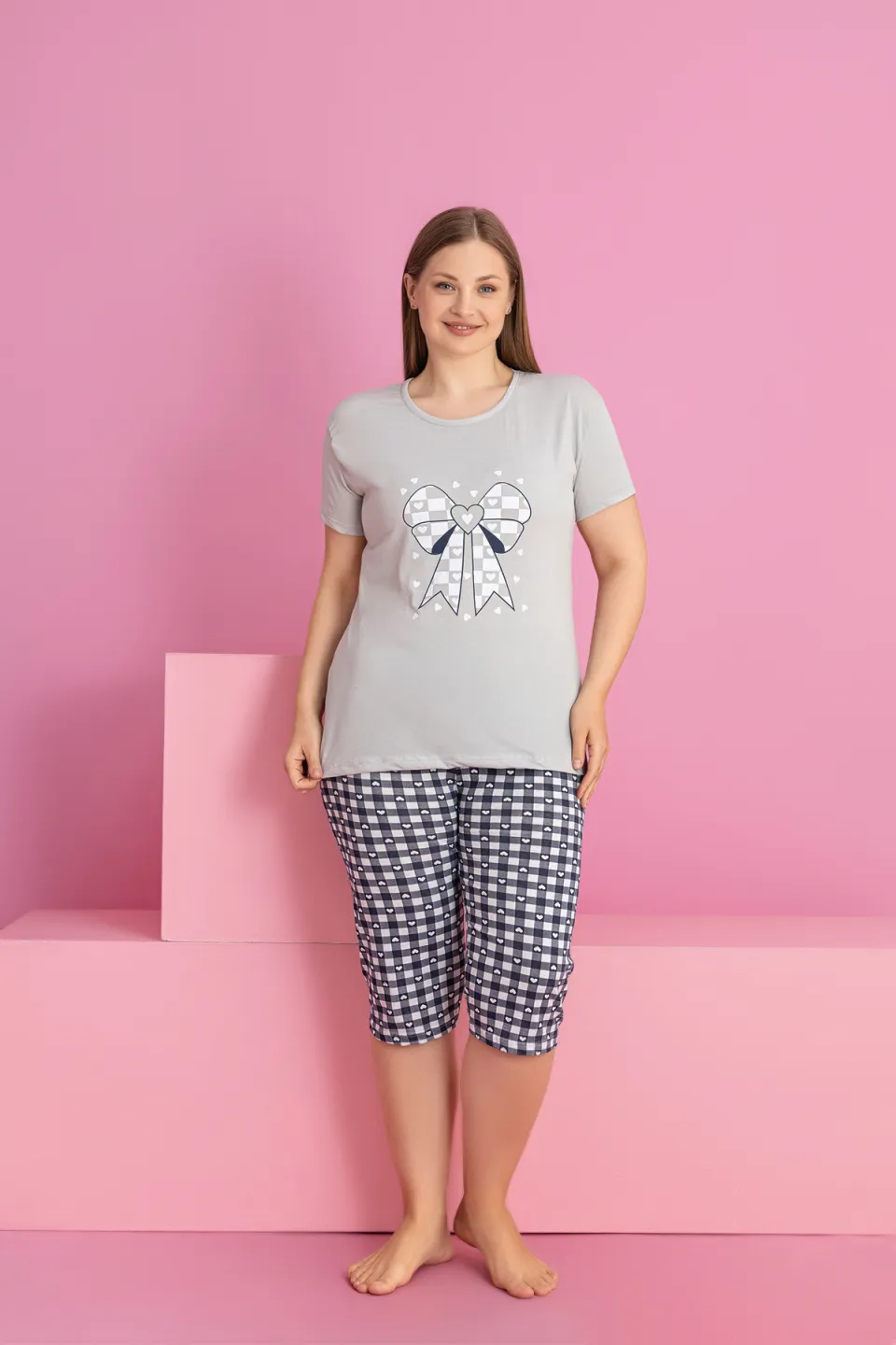 Pijama damă bumbac mărime mare – Set 2 piese: tricou + pantaloni 3/4 imprimeu FUNDA - 1