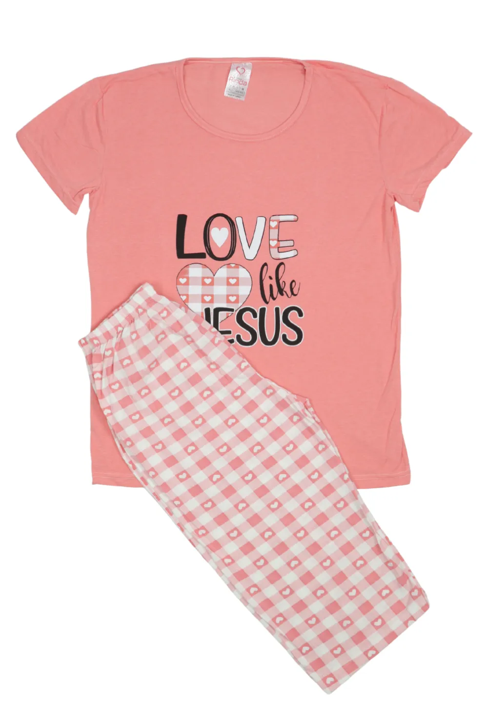 Pijama damă bumbac mărime mare – Set 2 piese: tricou + pantaloni 3/4 imprimeu LOVE LIKE JESUS - 1