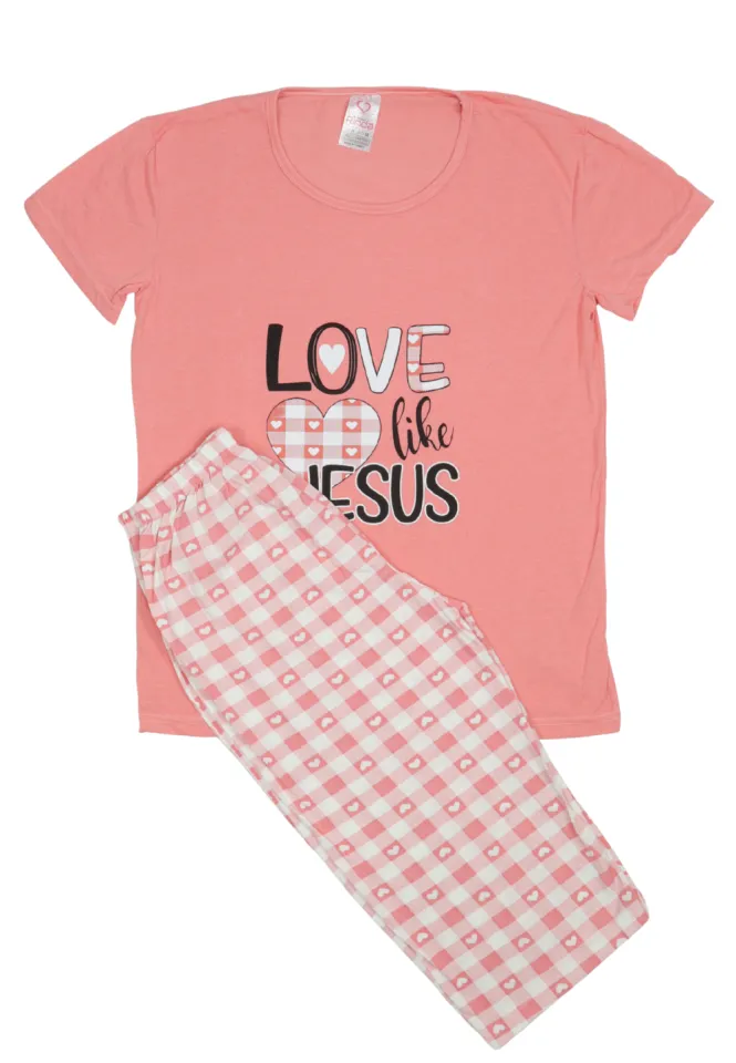 Pijama damă bumbac mărime mare – Set 2 piese: tricou + pantaloni 3/4 imprimeu LOVE LIKE JESUS
