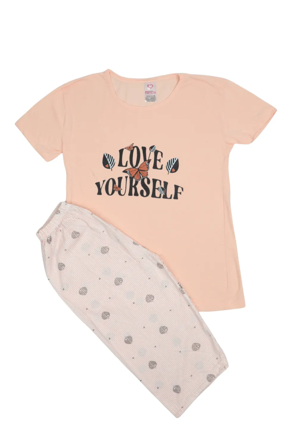Pijama damă bumbac mărime mare – Set 2 piese: tricou + pantaloni 3/4 imprimeu love yourself - 1