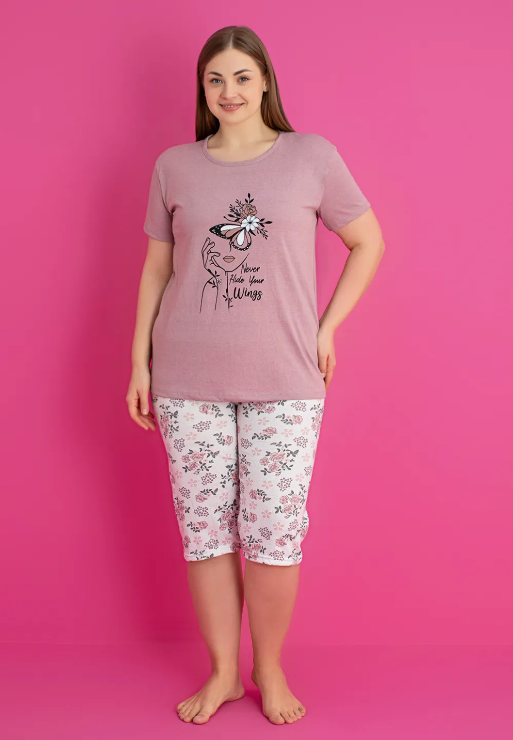 Pijama damă bumbac mărime mare – Set 2 piese: tricou + pantaloni 3/4 imprimeu never hide your wings - 2
