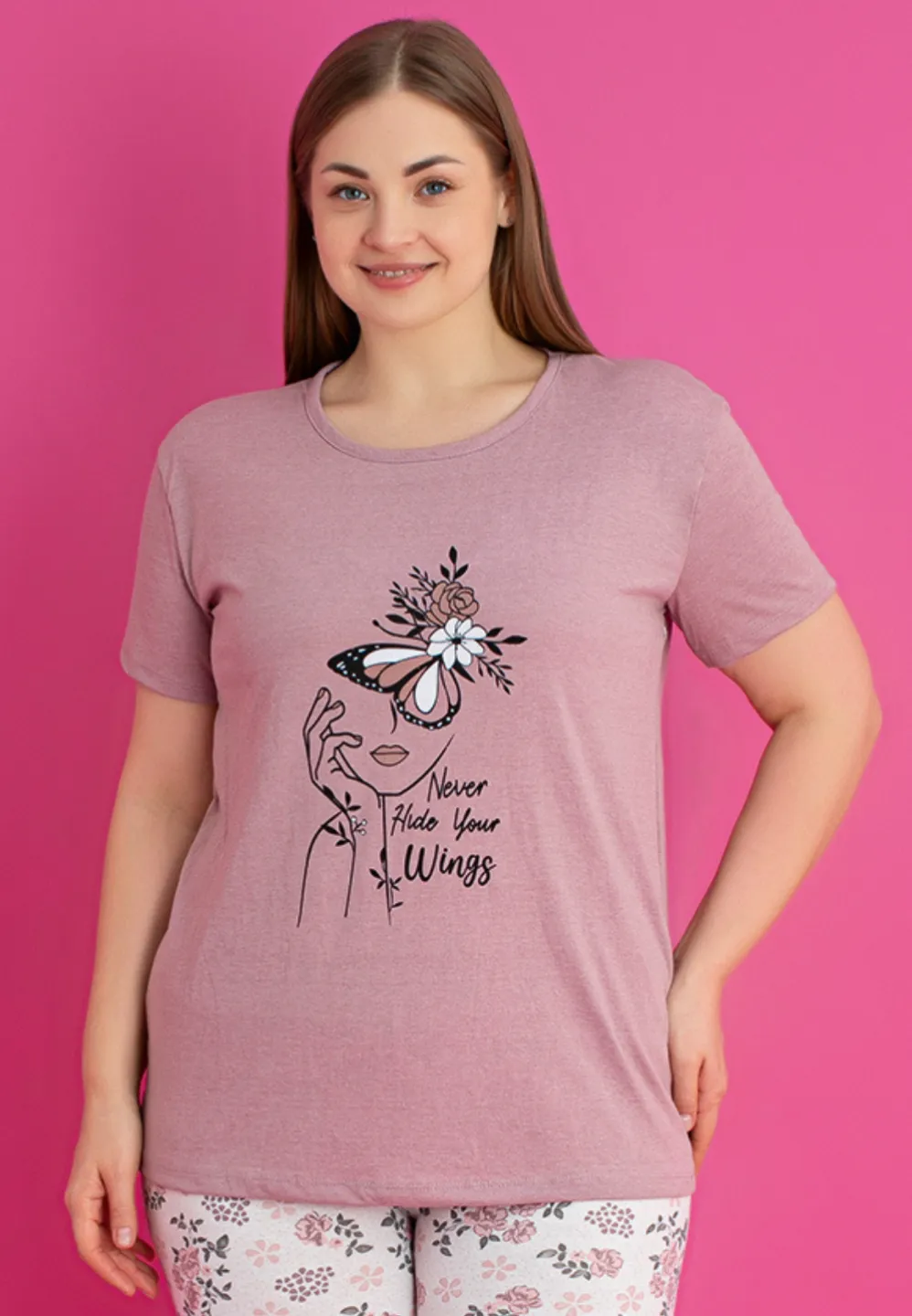 Pijama damă bumbac mărime mare – Set 2 piese: tricou + pantaloni 3/4 imprimeu never hide your wings - 3