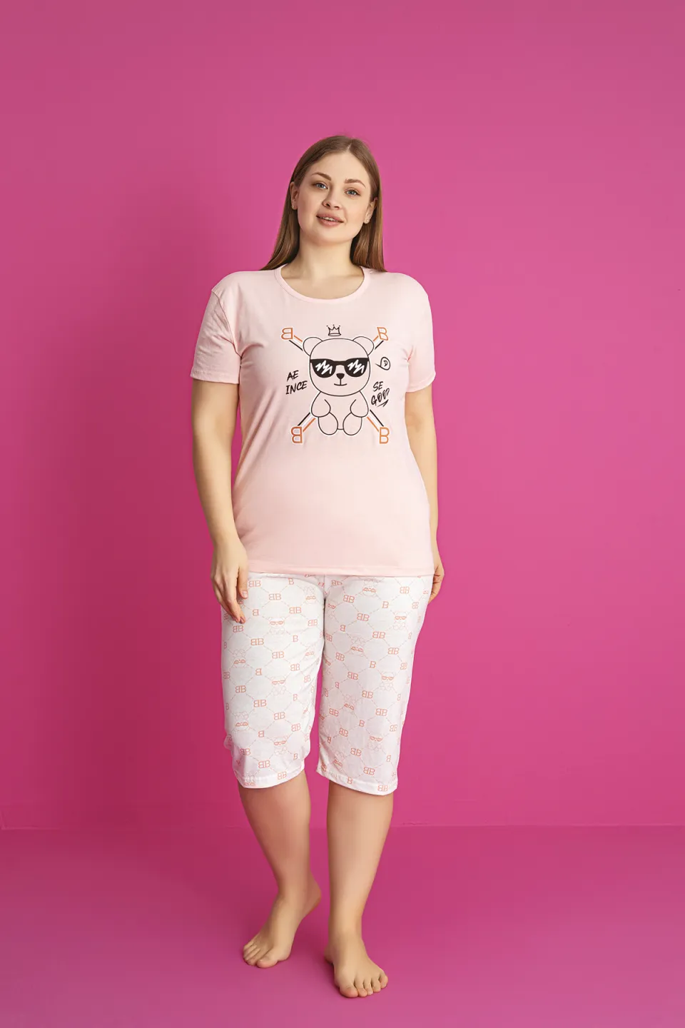 Pijama damă bumbac mărime mare – Set 2 piese: tricou + pantaloni 3/4 imprimeu SE GOOD - 1