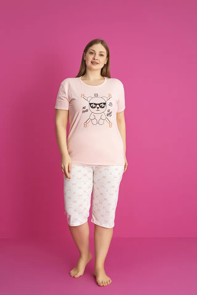 Pijama damă bumbac mărime mare – Set 2 piese: tricou + pantaloni 3/4 imprimeu SE GOOD