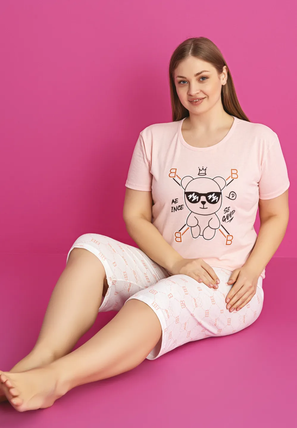 Pijama damă bumbac mărime mare – Set 2 piese: tricou + pantaloni 3/4 imprimeu SE GOOD - 2