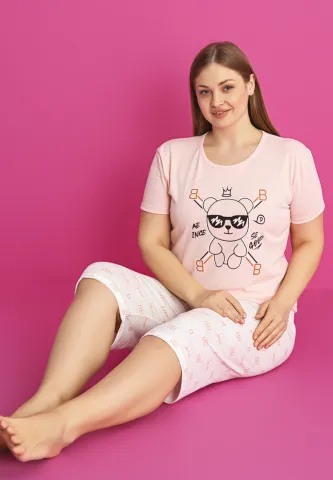 Pijama damă bumbac mărime mare – Set 2 piese: tricou + pantaloni 3/4 imprimeu SE GOOD hover