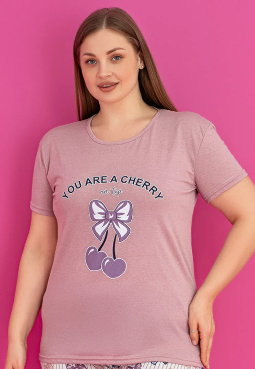 Pijama damă bumbac mărime mare – Set 2 piese: tricou + pantaloni 3/4 imprimeu you are a cherry - 3