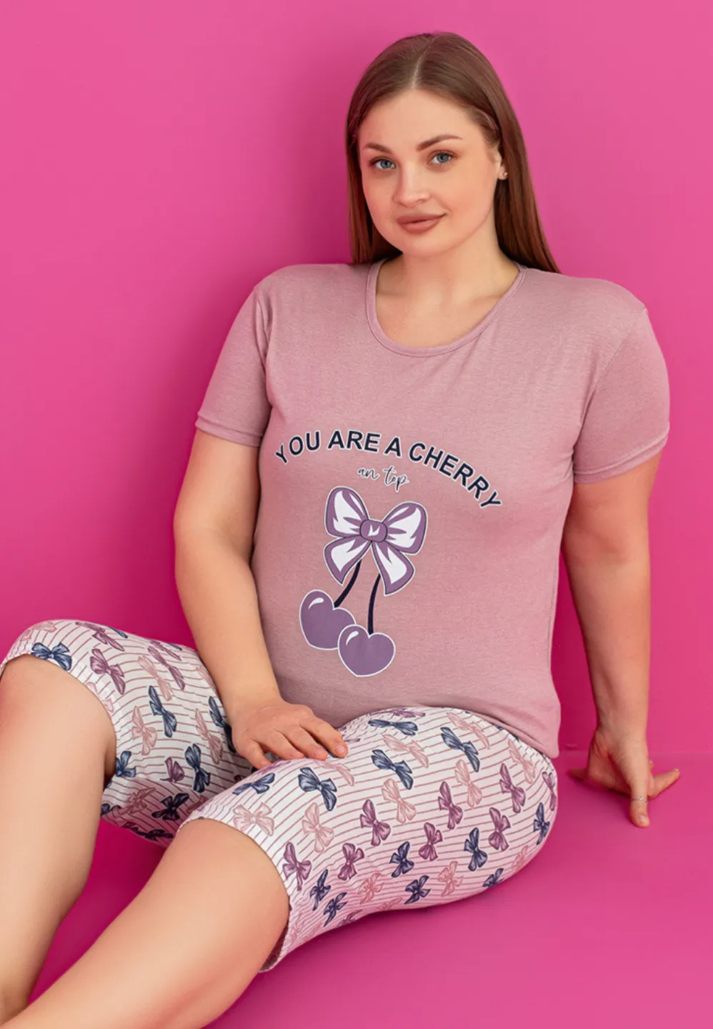 Pijama damă bumbac mărime mare – Set 2 piese: tricou + pantaloni 3/4 imprimeu you are a cherry - 2
