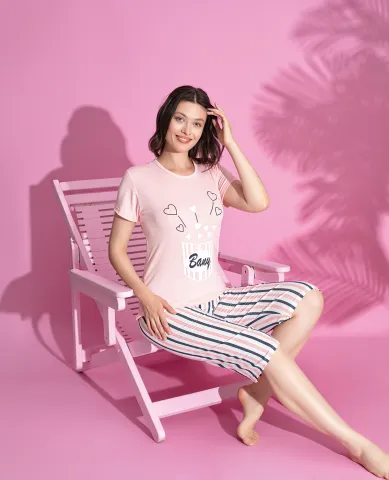 Pijama damă bumbac – tricou și pantaloni 3/4, imprimeu BANY hover