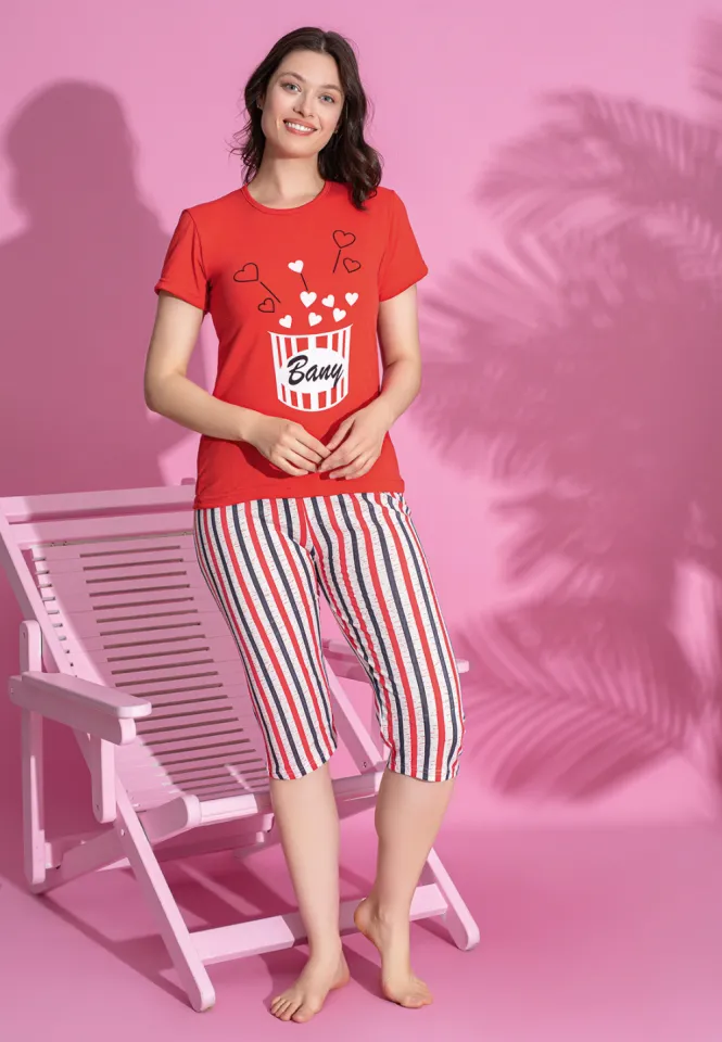 Pijama damă bumbac – tricou și pantaloni 3/4, imprimeu BANY rosu