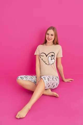 Pijama damă bumbac – tricou și pantaloni 3/4, imprimeu BE MINE hover