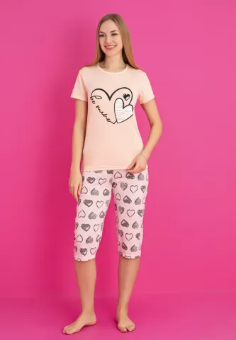 Pijama damă bumbac – tricou și pantaloni 3/4, imprimeu BE MINE roz