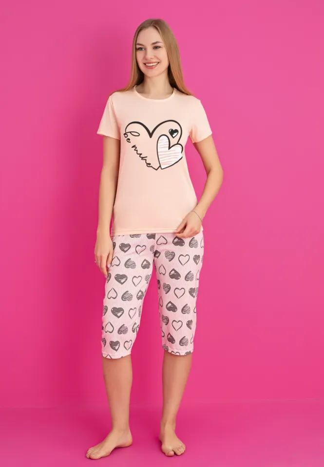 Pijama damă bumbac – tricou și pantaloni 3/4, imprimeu BE MINE roz