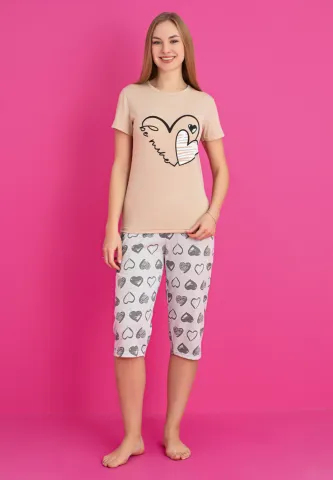 Pijama damă bumbac – tricou și pantaloni 3/4, imprimeu BE MINE