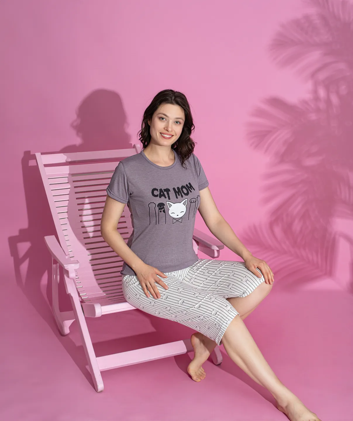 Pijama damă bumbac – tricou și pantaloni 3/4, imprimeu CAT MOM - 2