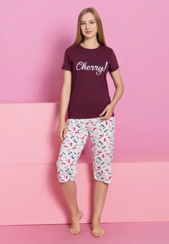 Pijama damă bumbac – tricou și pantaloni 3/4, imprimeu CHERRY