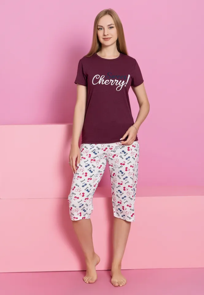 Pijama damă bumbac – tricou și pantaloni 3/4, imprimeu CHERRY