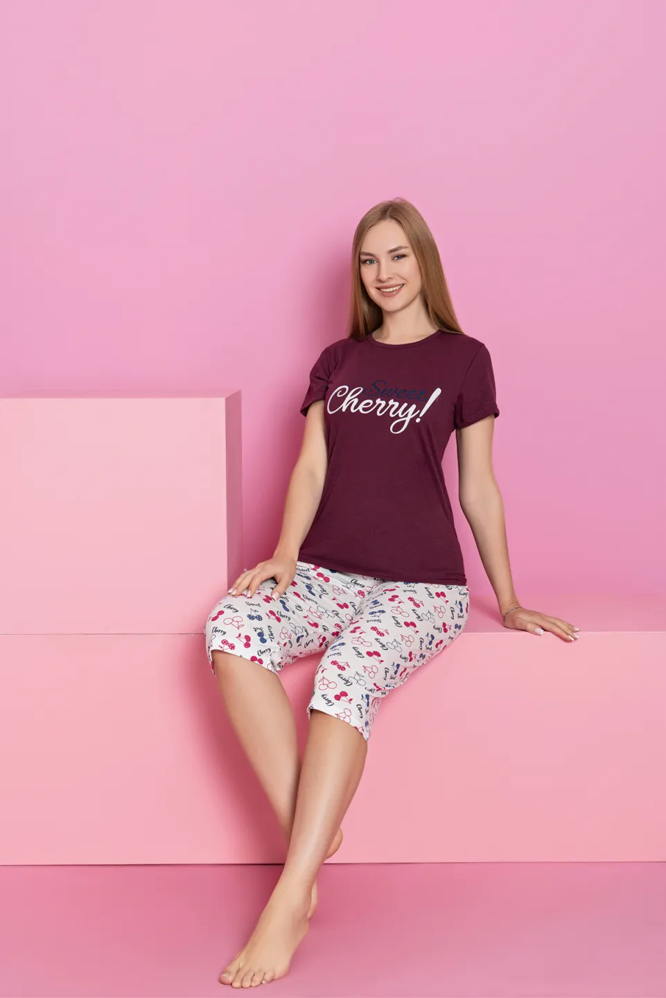 Pijama damă bumbac – tricou și pantaloni 3/4, imprimeu CHERRY - 2