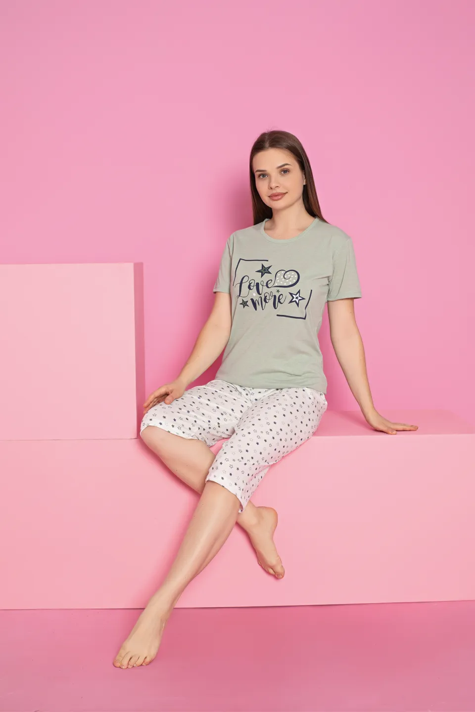 Pijama damă bumbac – tricou și pantaloni 3/4, imprimeu LOVE - 2