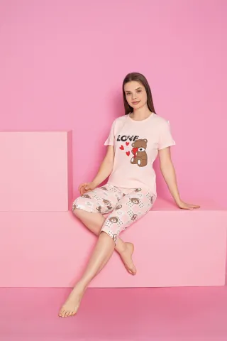 Pijama damă bumbac – tricou și pantaloni 3/4, imprimeu LOVE-BEAR hover