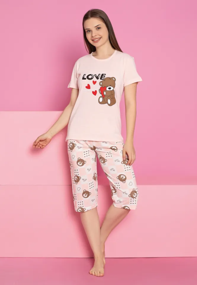 Pijama damă bumbac – tricou și pantaloni 3/4, imprimeu LOVE-BEAR
