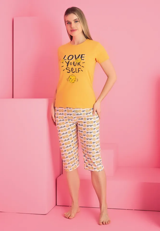 Pijama damă bumbac – tricou și pantaloni 3/4, imprimeu LOVE YOURSELF galben