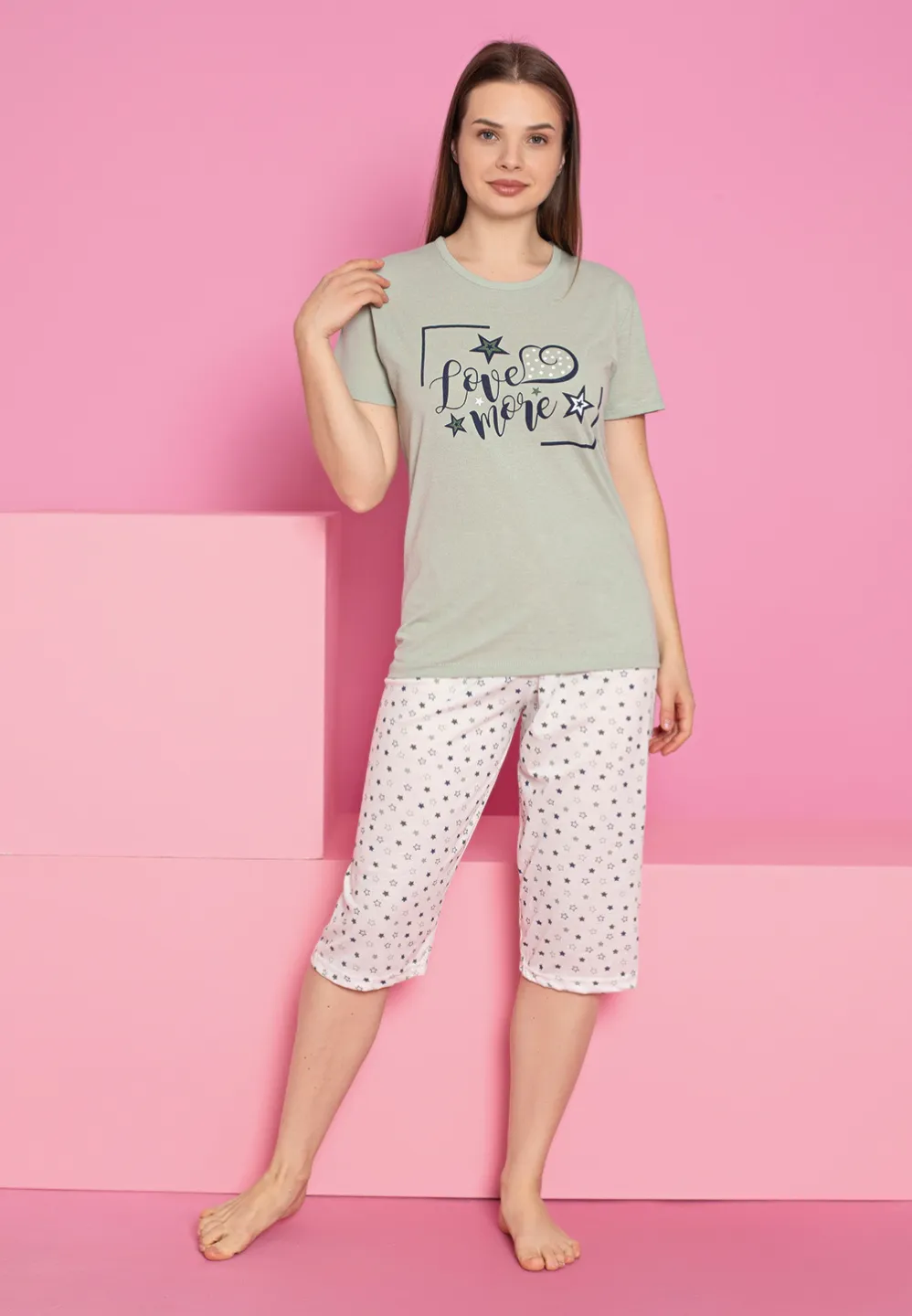 Pijama damă bumbac – tricou și pantaloni 3/4, imprimeu LOVE - 1