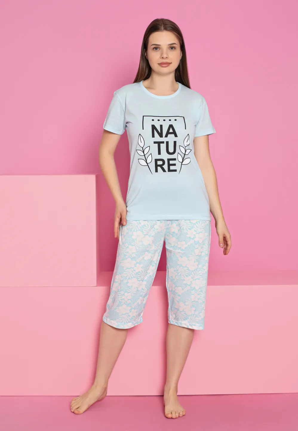 Pijama damă bumbac – tricou și pantaloni 3/4, imprimeu NATURE - 1