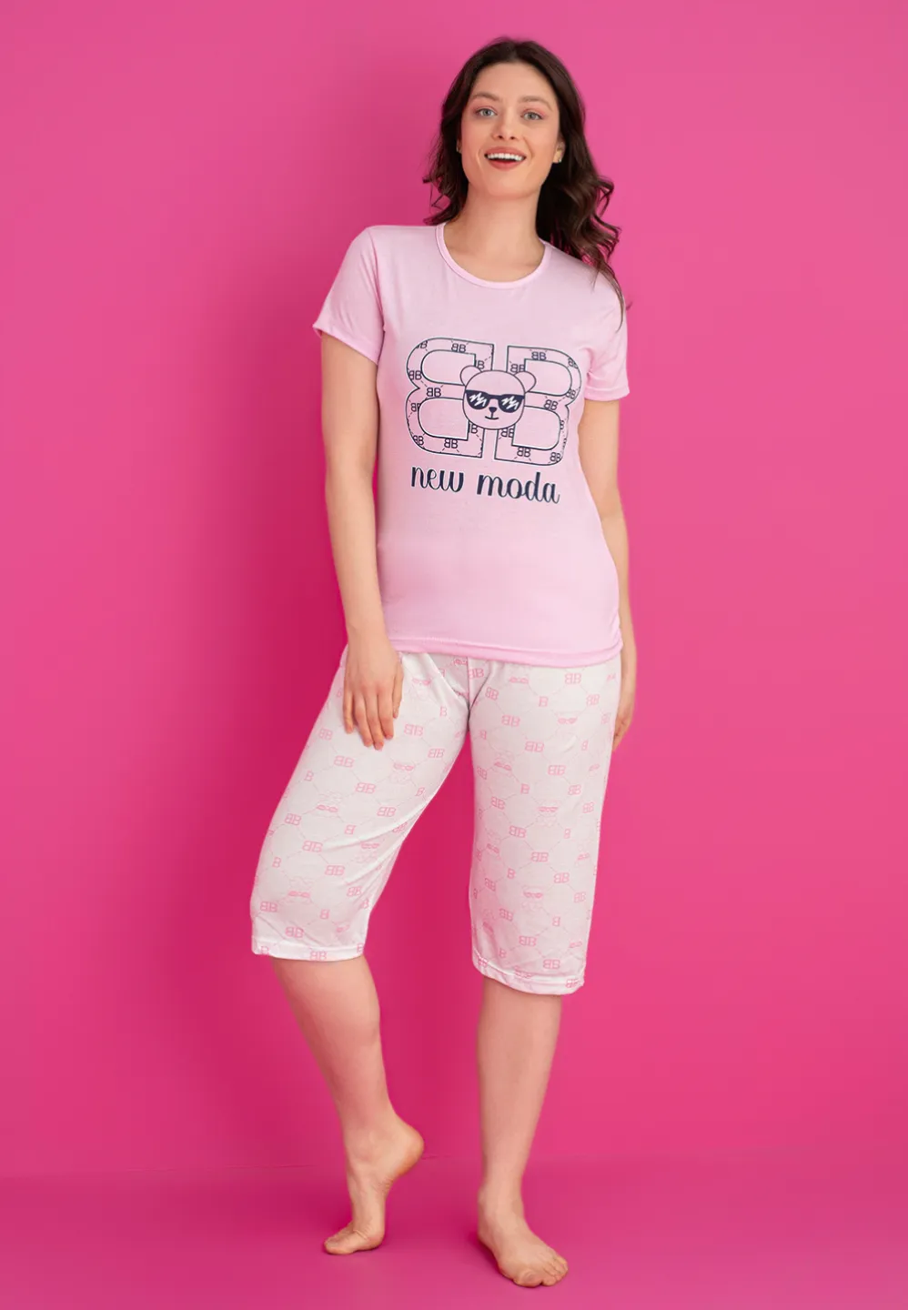 Pijama damă bumbac – tricou și pantaloni 3/4, imprimeu  NEW MODA roz - 1