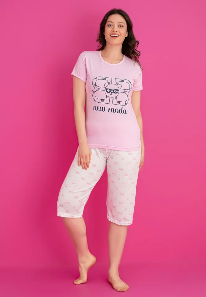 Pijama damă bumbac – tricou și pantaloni 3/4, imprimeu  NEW MODA roz
