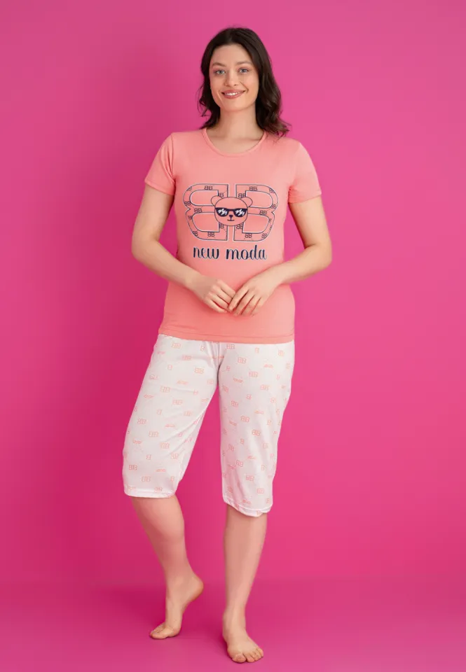 Pijama damă bumbac – tricou și pantaloni 3/4, imprimeu  NEW MODA